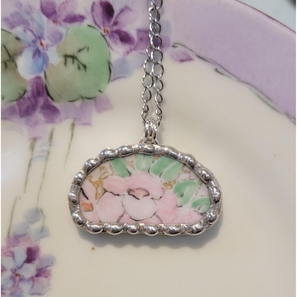 Broken China Bavarian Pink Floral Soldered Pendant Necklace